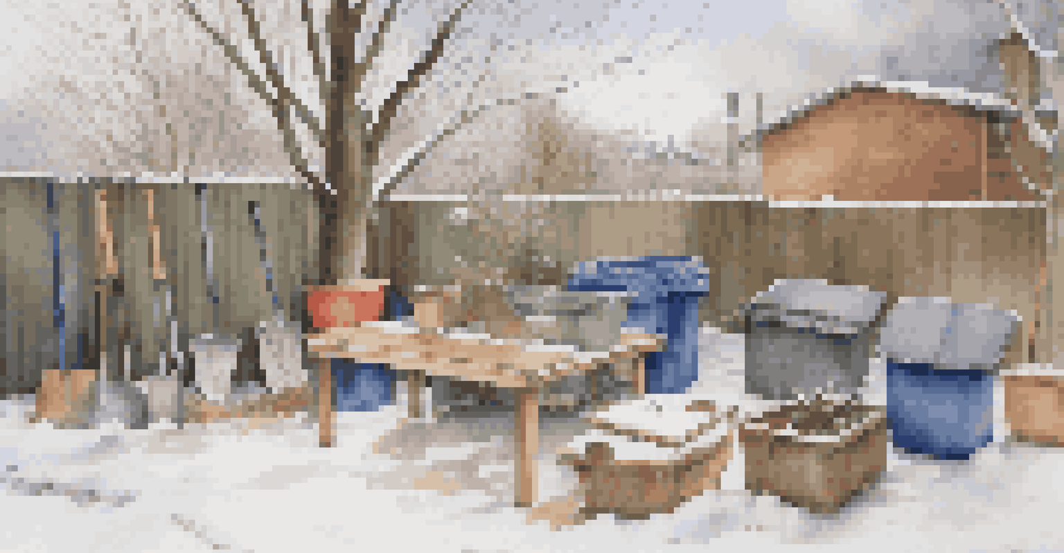 A backyard with stored garden tools and patio furniture covered in tarps, light snow covering the ground and bare trees in the background.