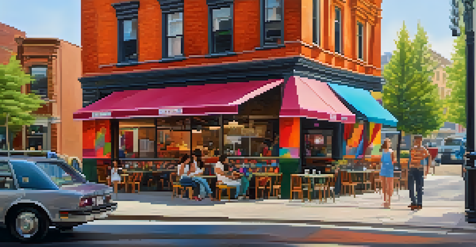A young couple exploring an urban neighborhood with cafes and murals.