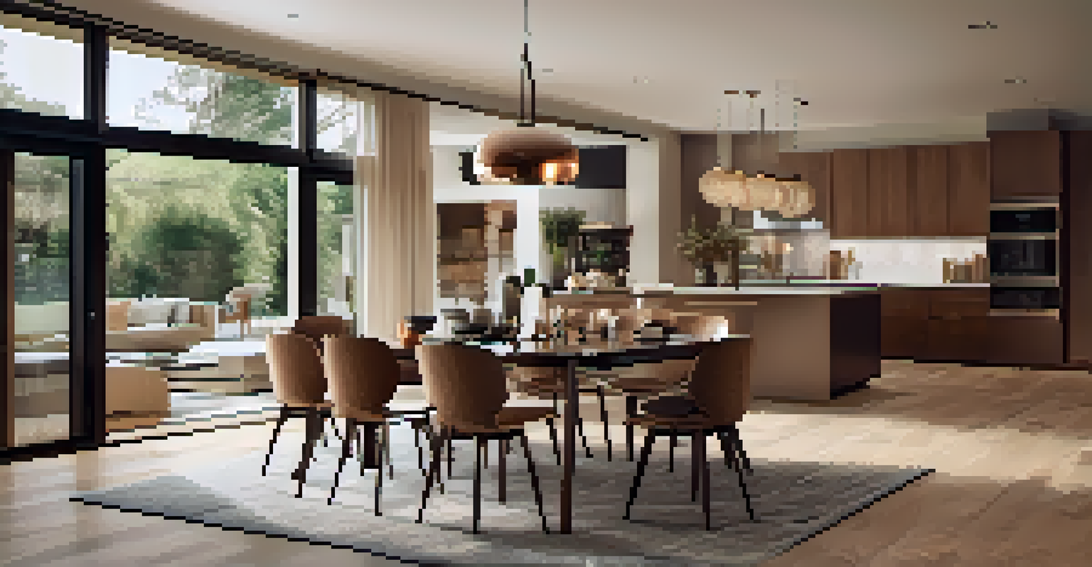 An elegant open floor plan showcasing a dining area and living space, with stylish decor and warm lighting.