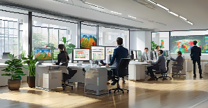 A diverse group of professionals in a bright office analyzing sales data on large screens with colorful graphs.