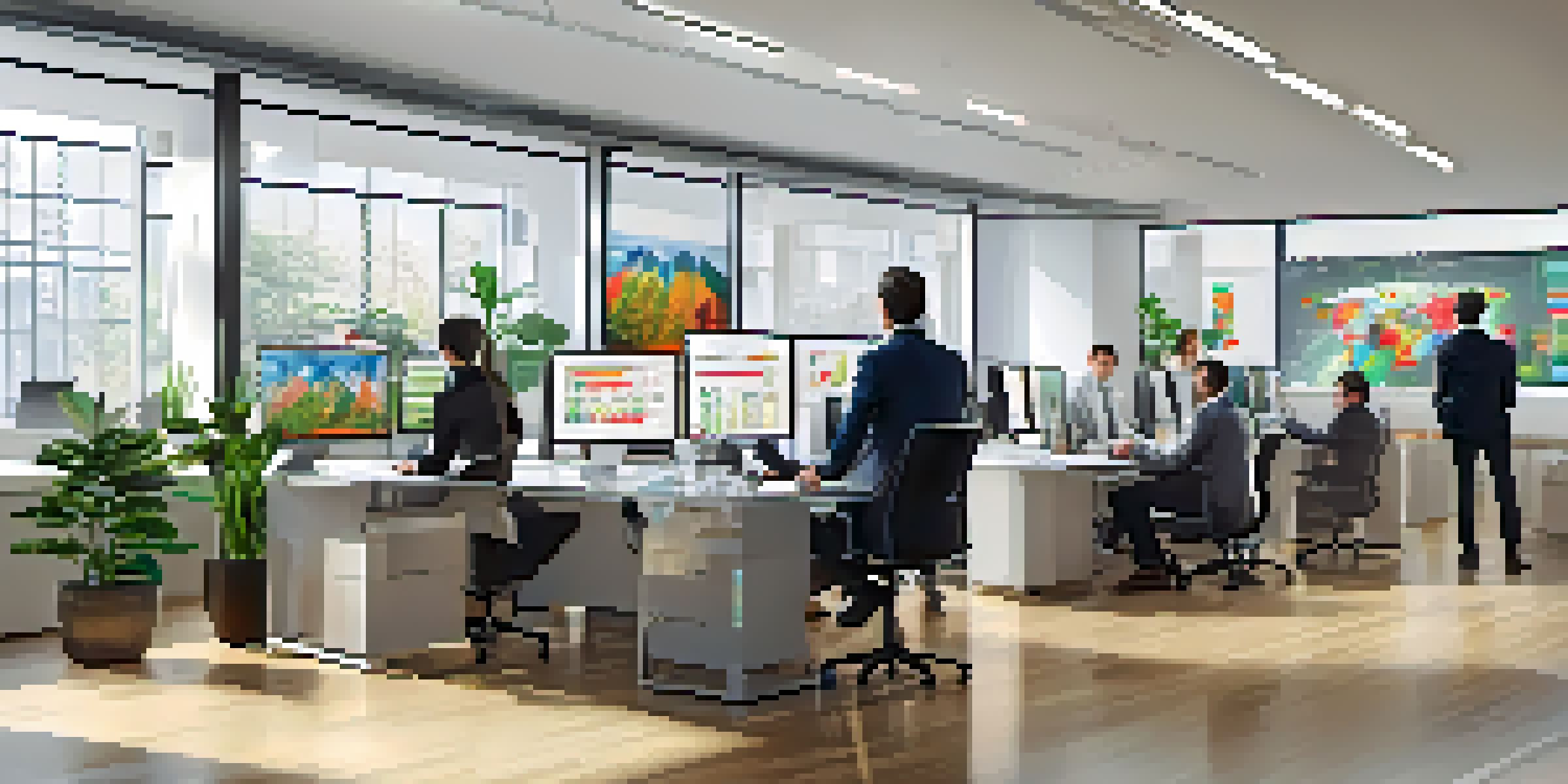 A diverse group of professionals in a bright office analyzing sales data on large screens with colorful graphs.