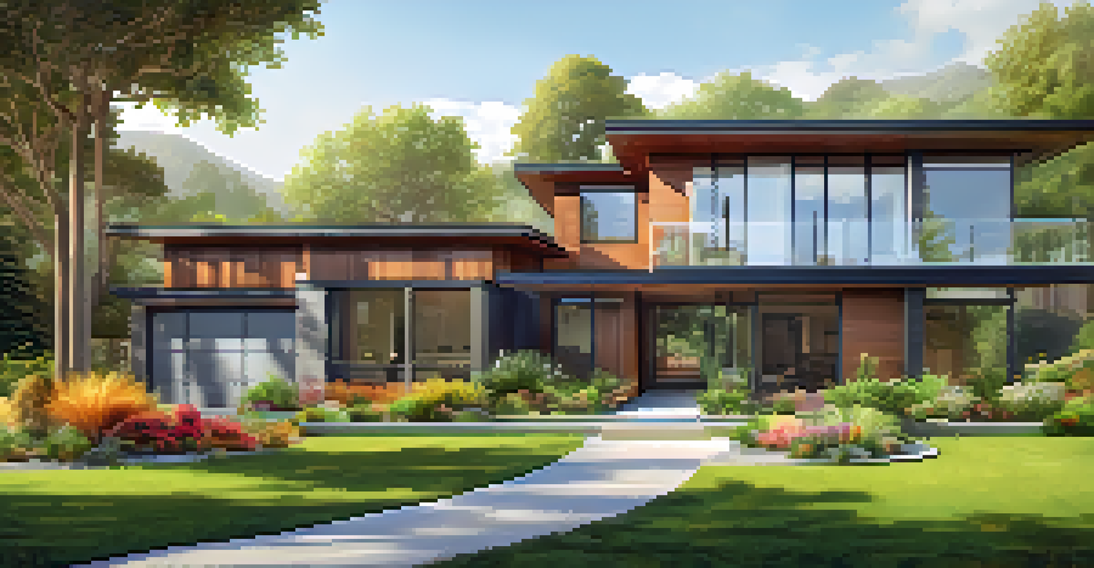A modern home with solar panels, energy-efficient windows, and a lush garden, illuminated by bright sunlight.