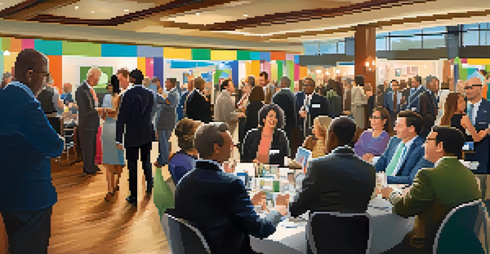 A lively real estate networking event with diverse professionals talking, exchanging business cards, and colorful banners in the background.