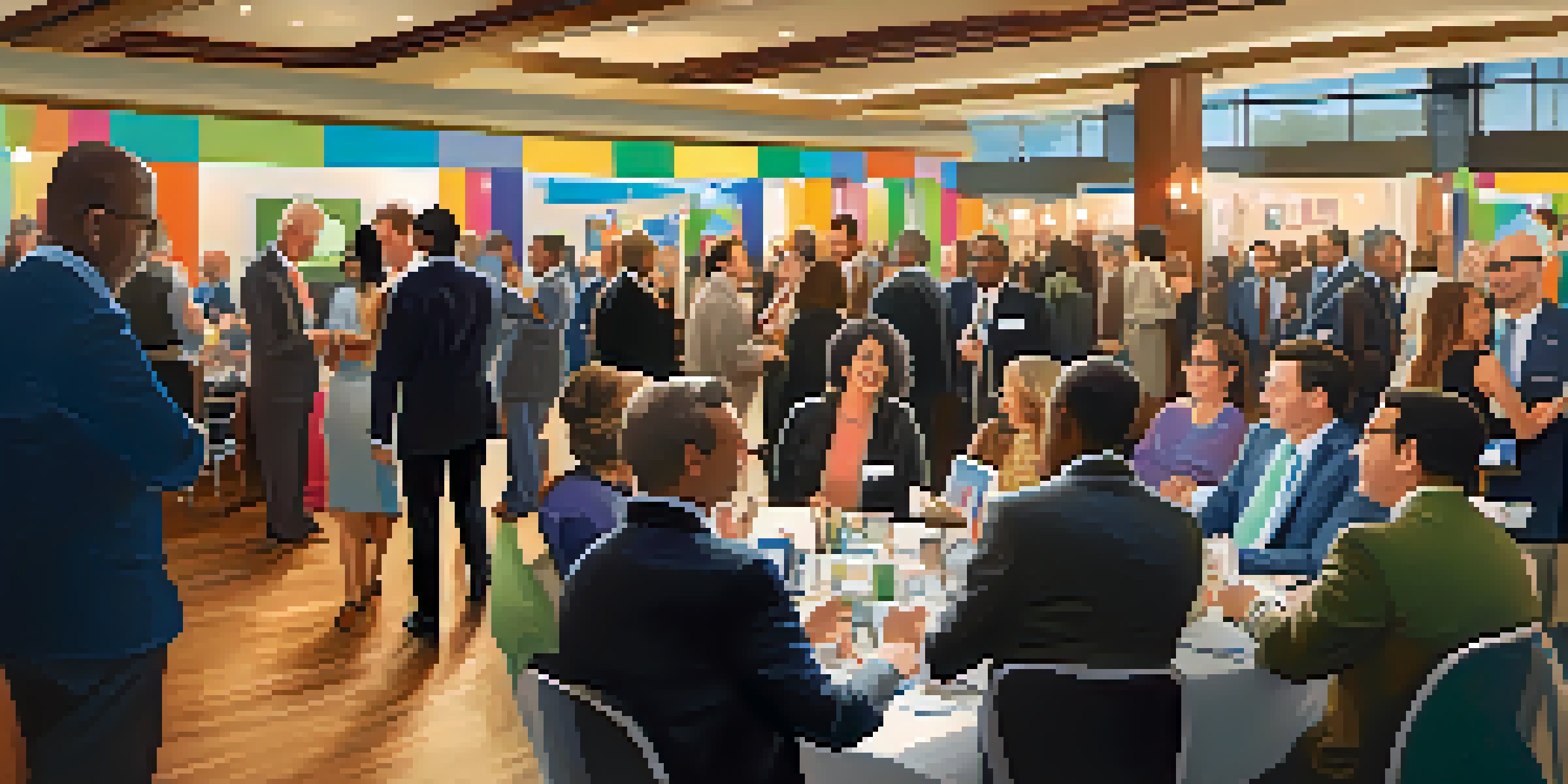 A lively real estate networking event with diverse professionals talking, exchanging business cards, and colorful banners in the background.