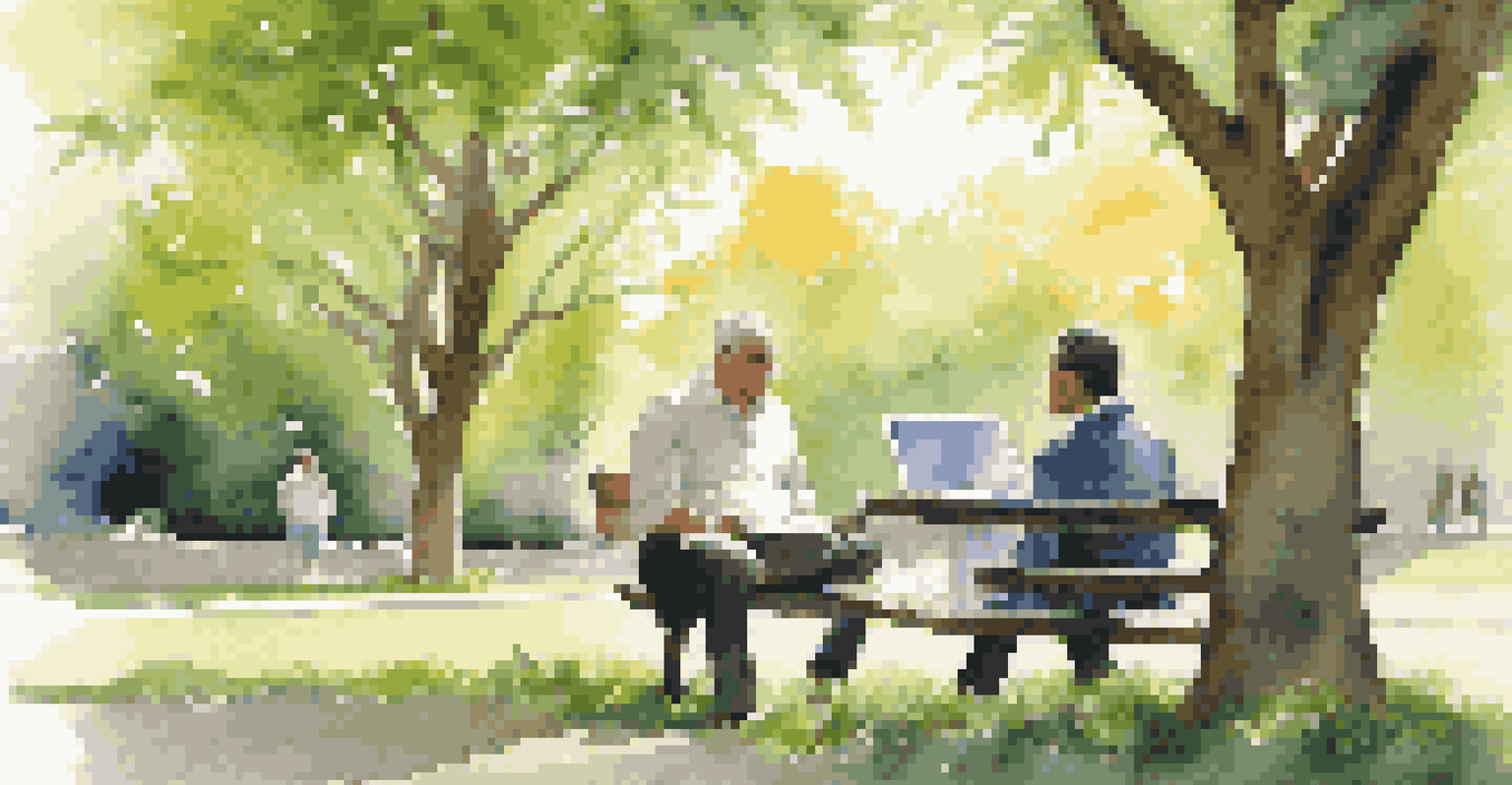 A landlord and tenant having a discussion about a rental agreement in a peaceful park setting, with greenery and sunlight creating a calm atmosphere.