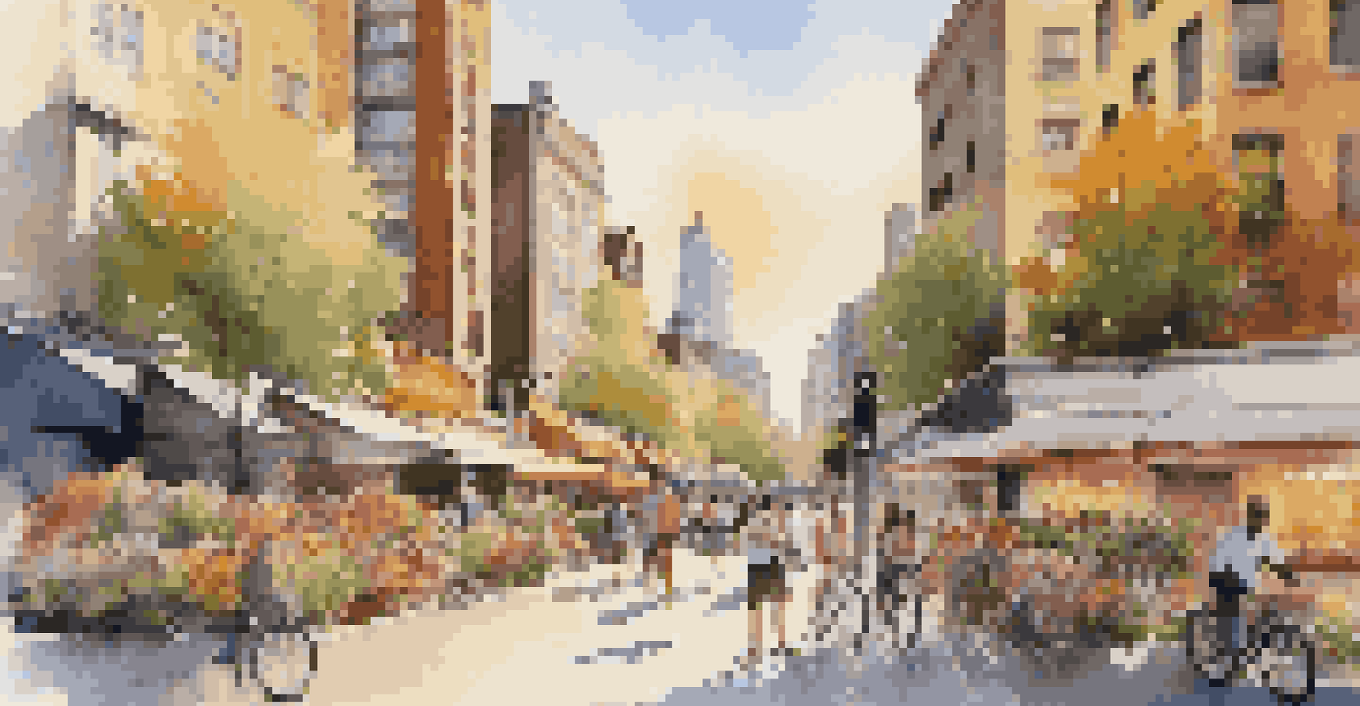A lively city block filled with people and modern architecture.