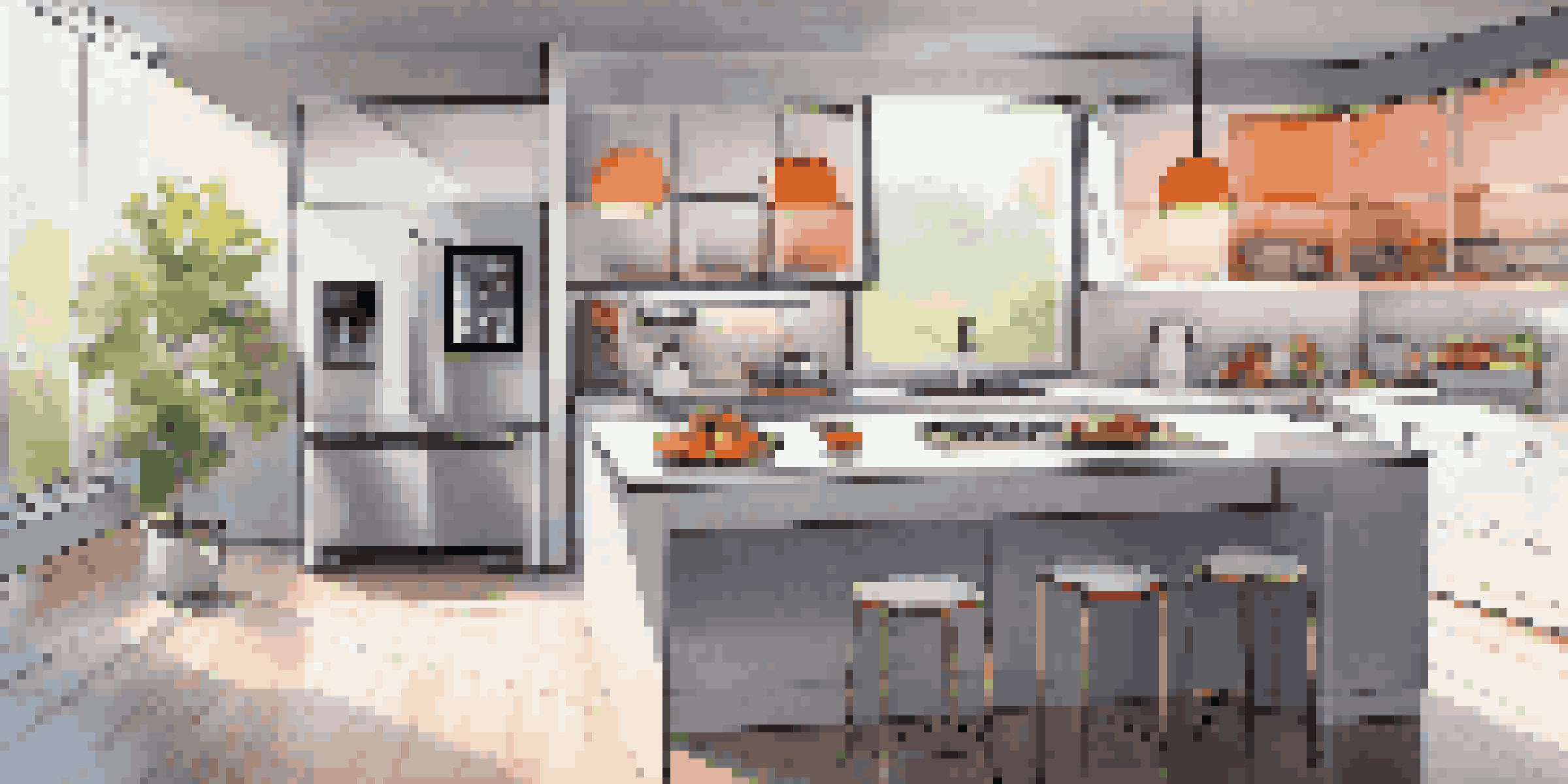 A modern kitchen filled with smart appliances and bright lighting.