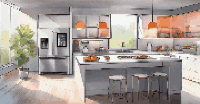 A modern kitchen filled with smart appliances and bright lighting.