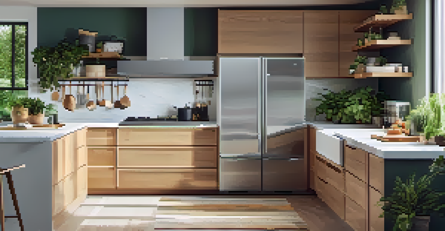 A modern kitchen filled with energy-efficient appliances, illuminated by natural light, with potted plants on the countertop.
