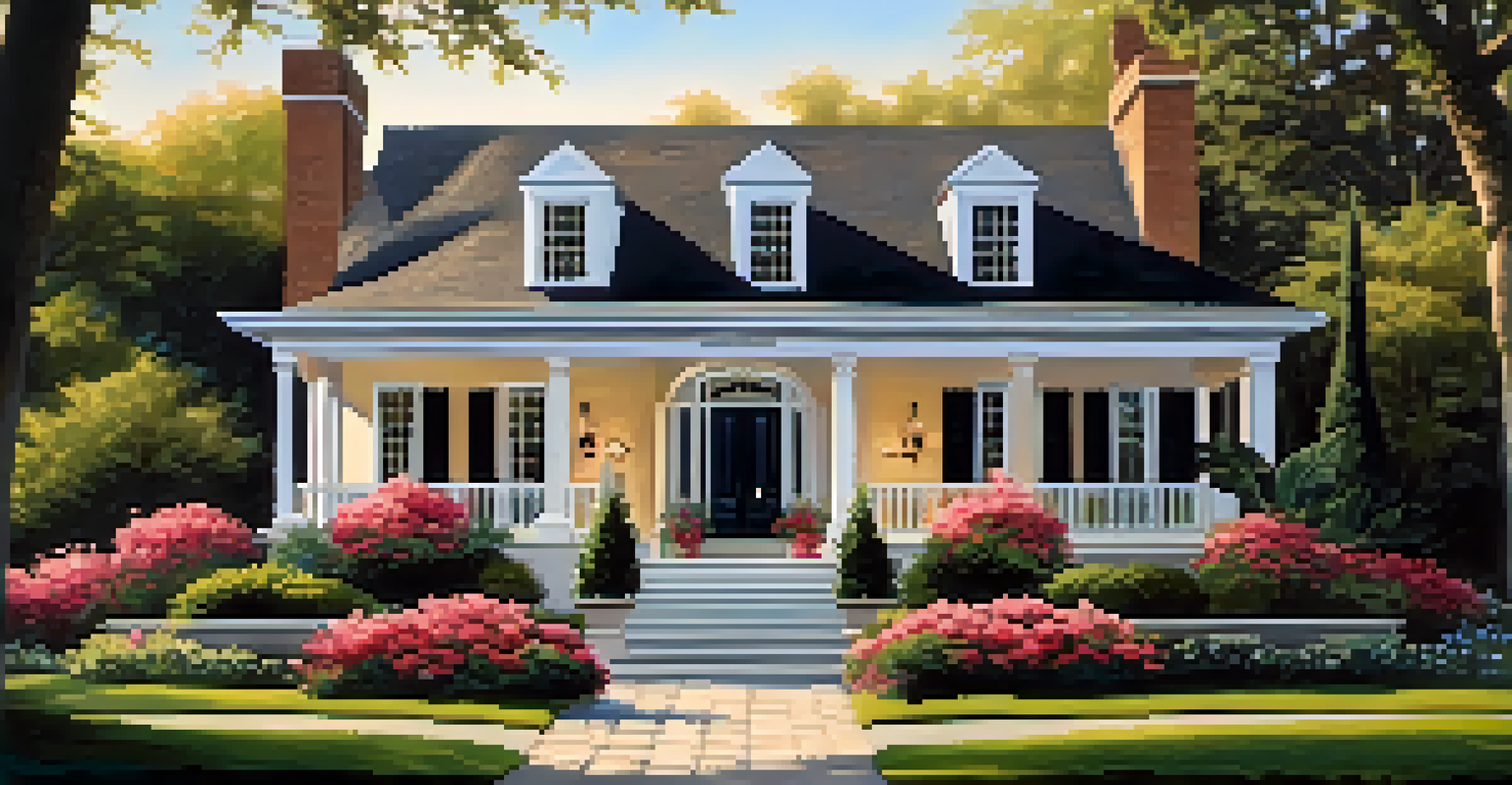 An elegant entryway with wall sconces illuminating a porch with architectural details and a vibrant front yard.