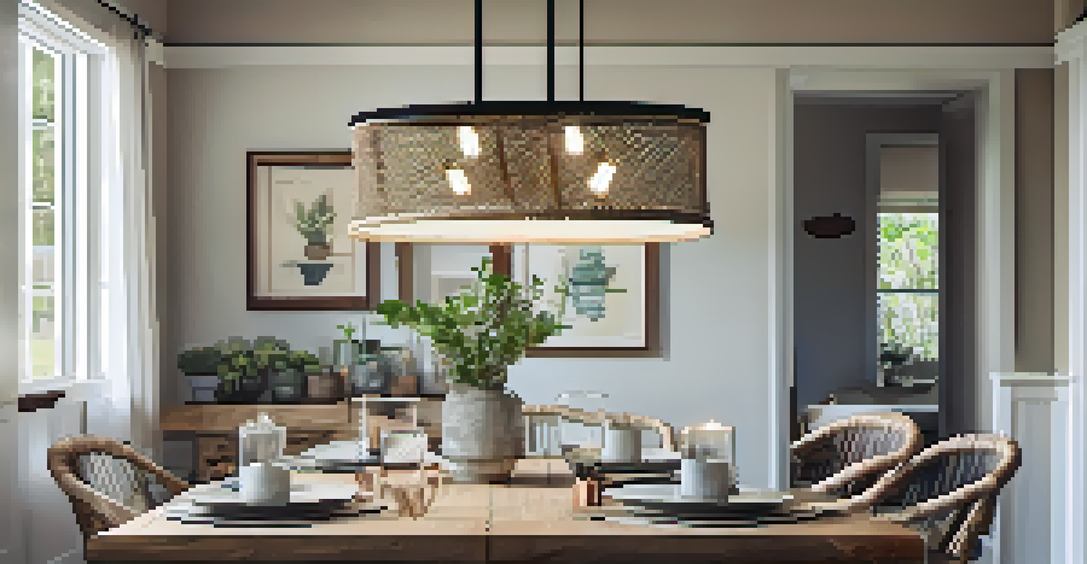 A dining area with a DIY pendant light made from a wire basket, set with elegant dinnerware on a rustic table.