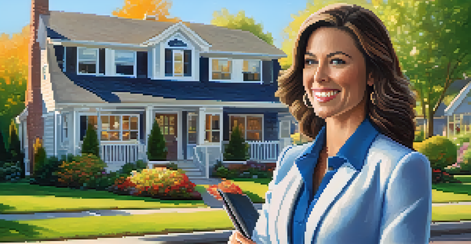 A real estate agent in professional attire stands in front of a for sale sign outside a suburban home, smiling and holding a clipboard.
