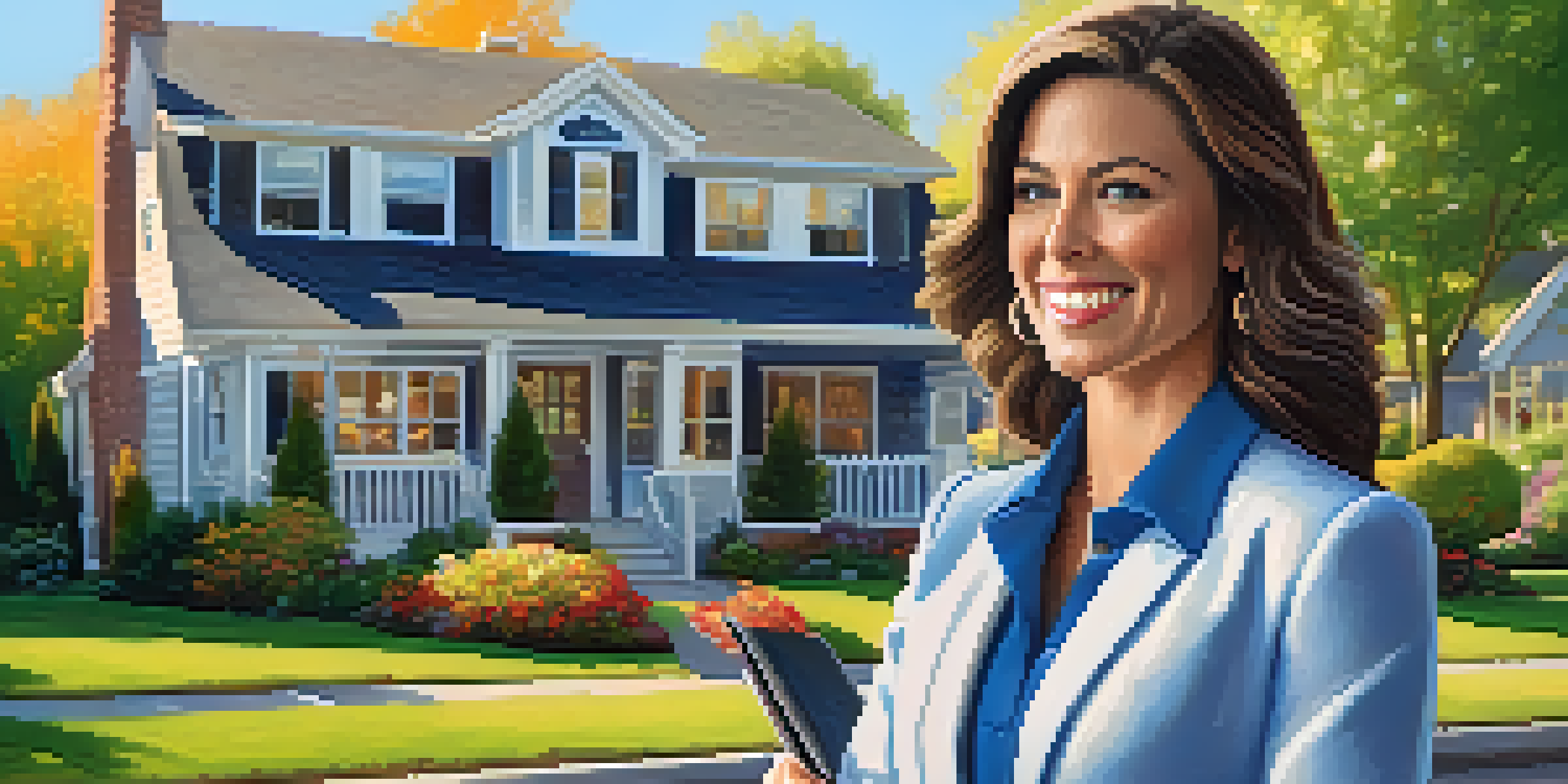 A real estate agent in professional attire stands in front of a for sale sign outside a suburban home, smiling and holding a clipboard.