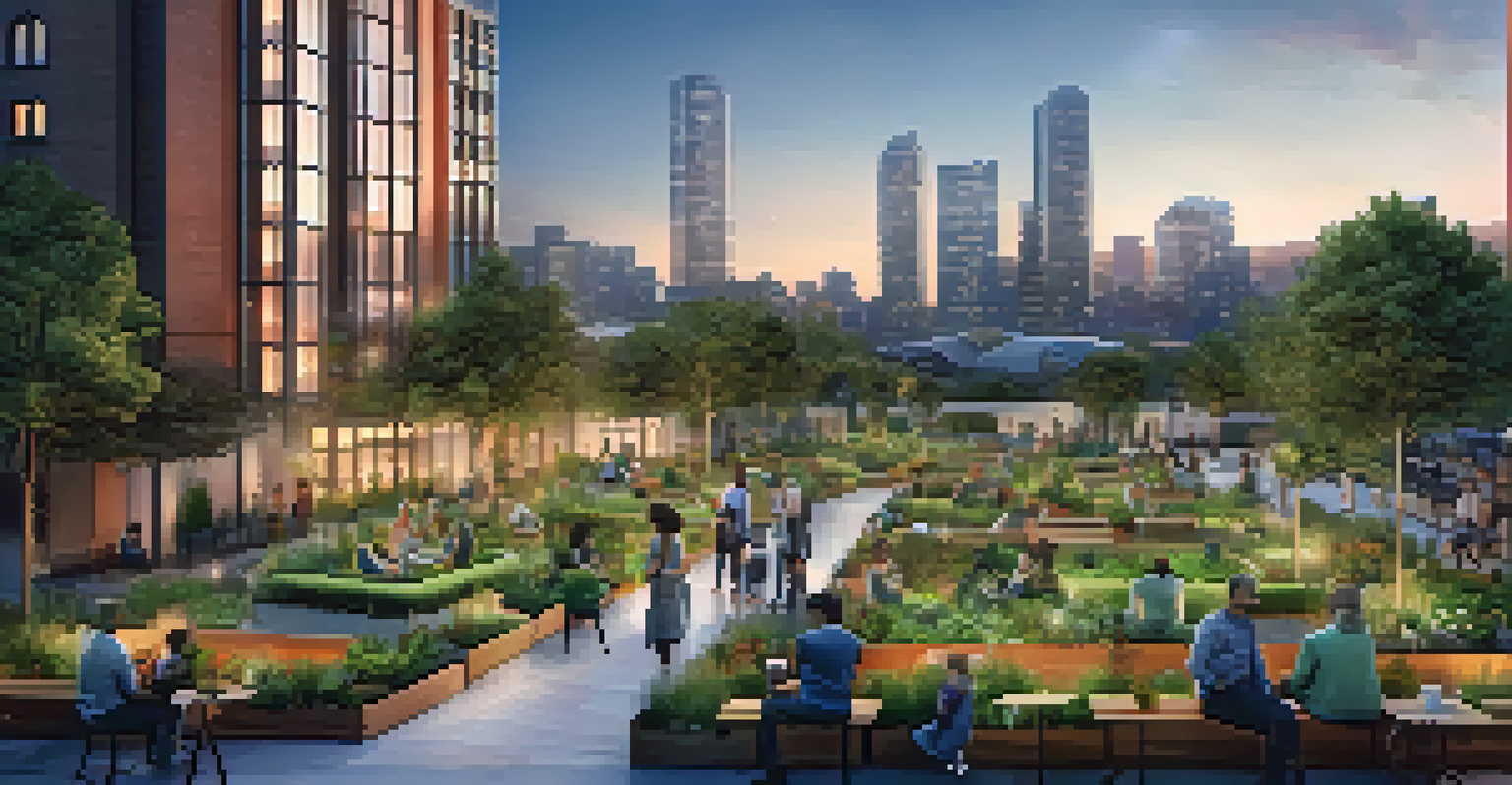 A city skyline at dusk with green roofs and a park, illustrating urban sustainability and community engagement.