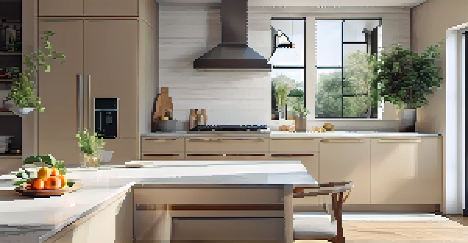 A contemporary kitchen with beige cabinets and a white countertop, illuminated by natural light, showcasing minimal decor for a clean look.