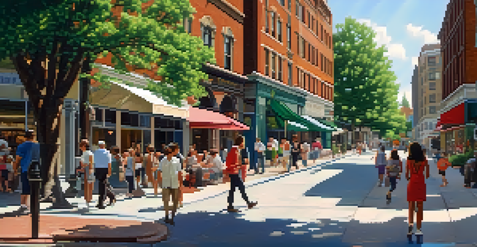 A lively urban street with various architectural styles, colorful buildings, and pedestrians interacting, surrounded by greenery.