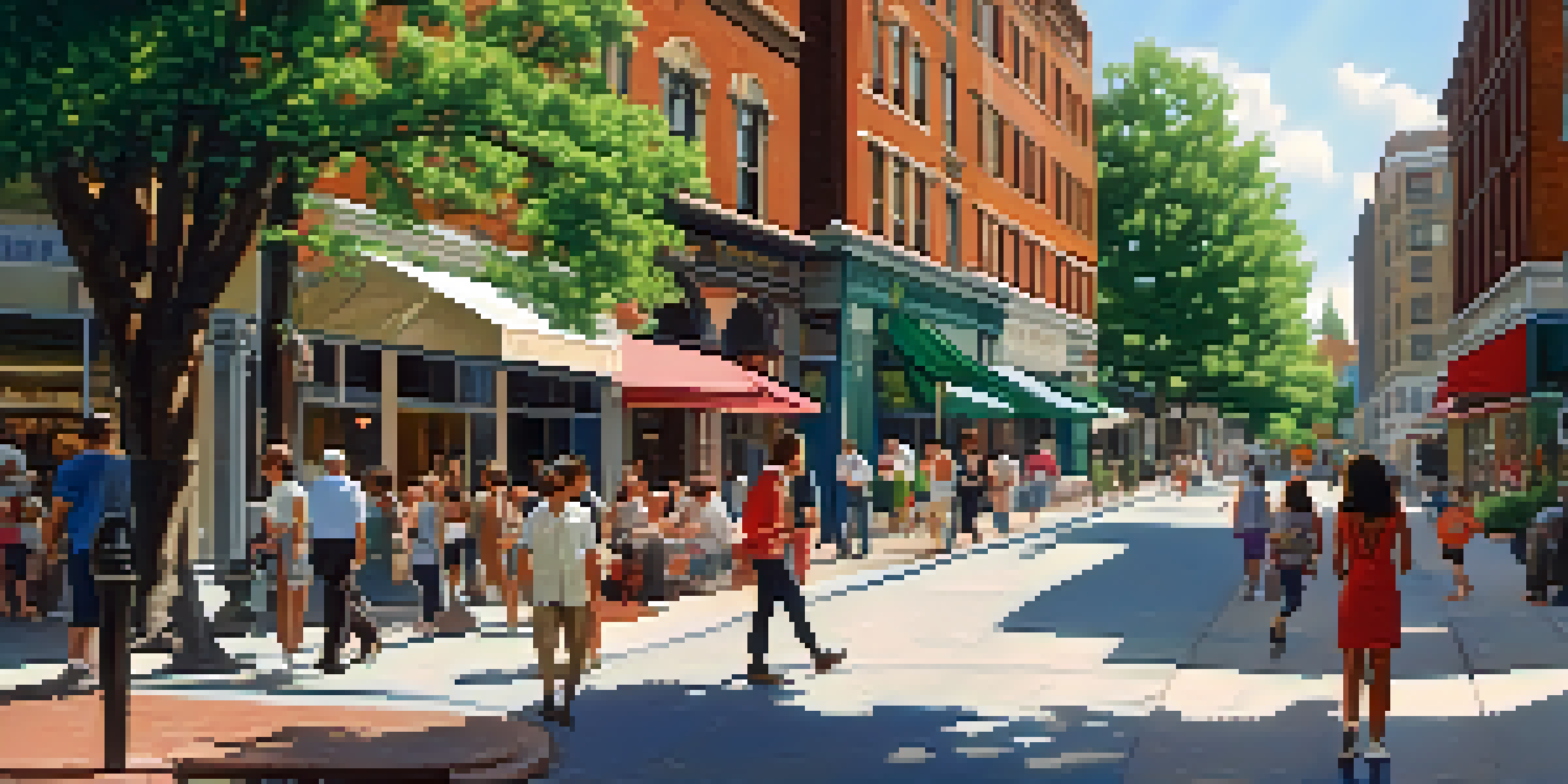 A lively urban street with various architectural styles, colorful buildings, and pedestrians interacting, surrounded by greenery.