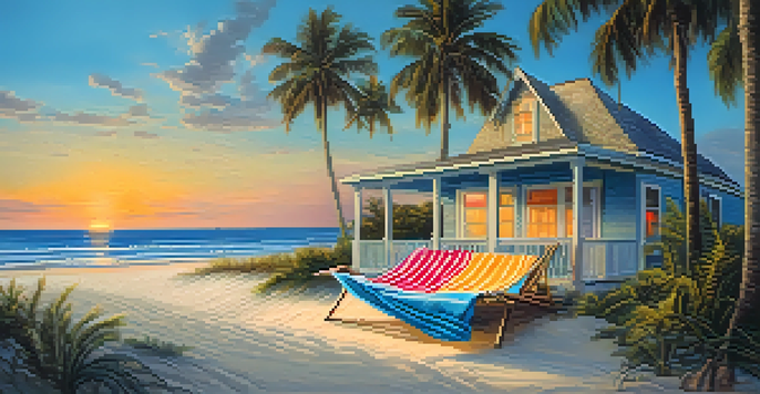 A tranquil beach scene with a vacation home by the ocean, palm trees, and a hammock.