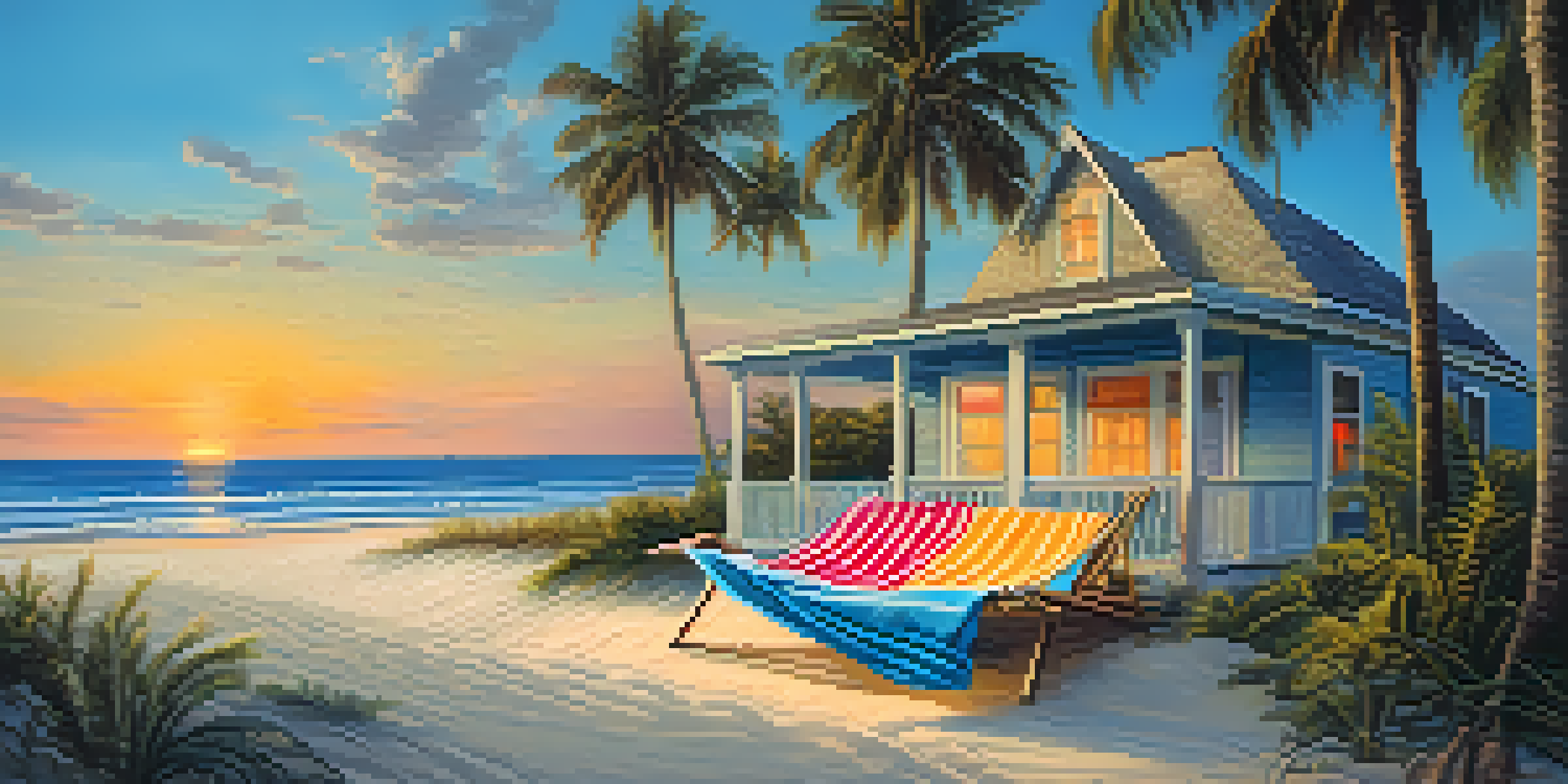 A tranquil beach scene with a vacation home by the ocean, palm trees, and a hammock.
