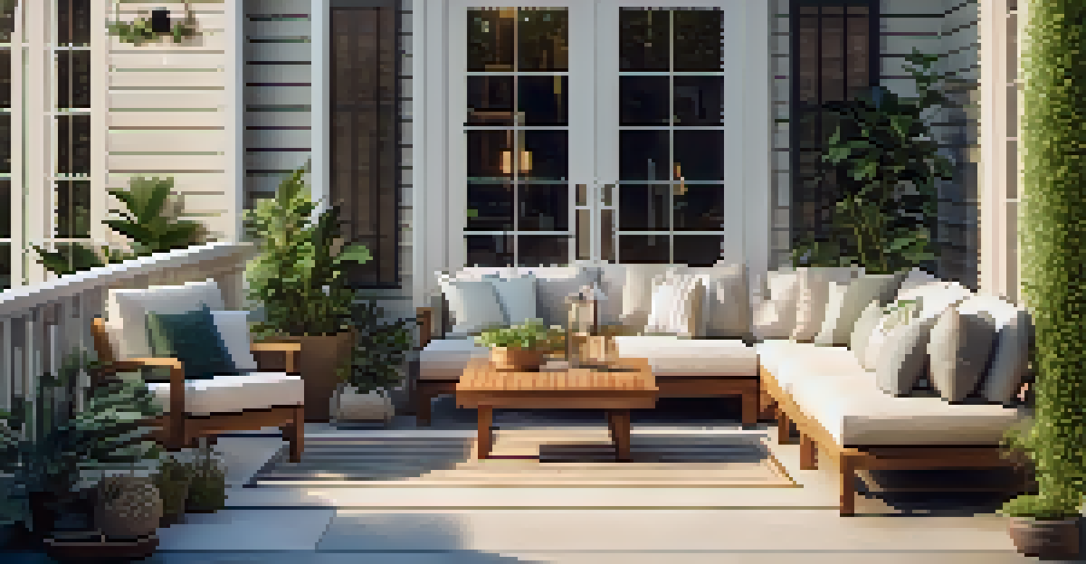 A serene outdoor patio with cozy seating and lush greenery, featuring a virtual tour overlay highlighting the space.