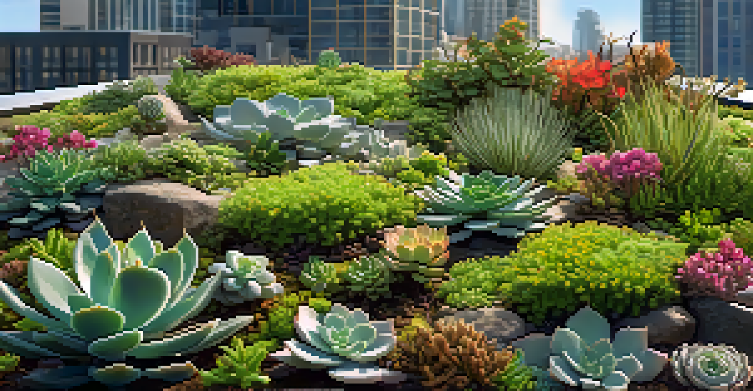 A close-up view of a green roof showcasing diverse plants, soil texture, and small insects, under bright sunlight.