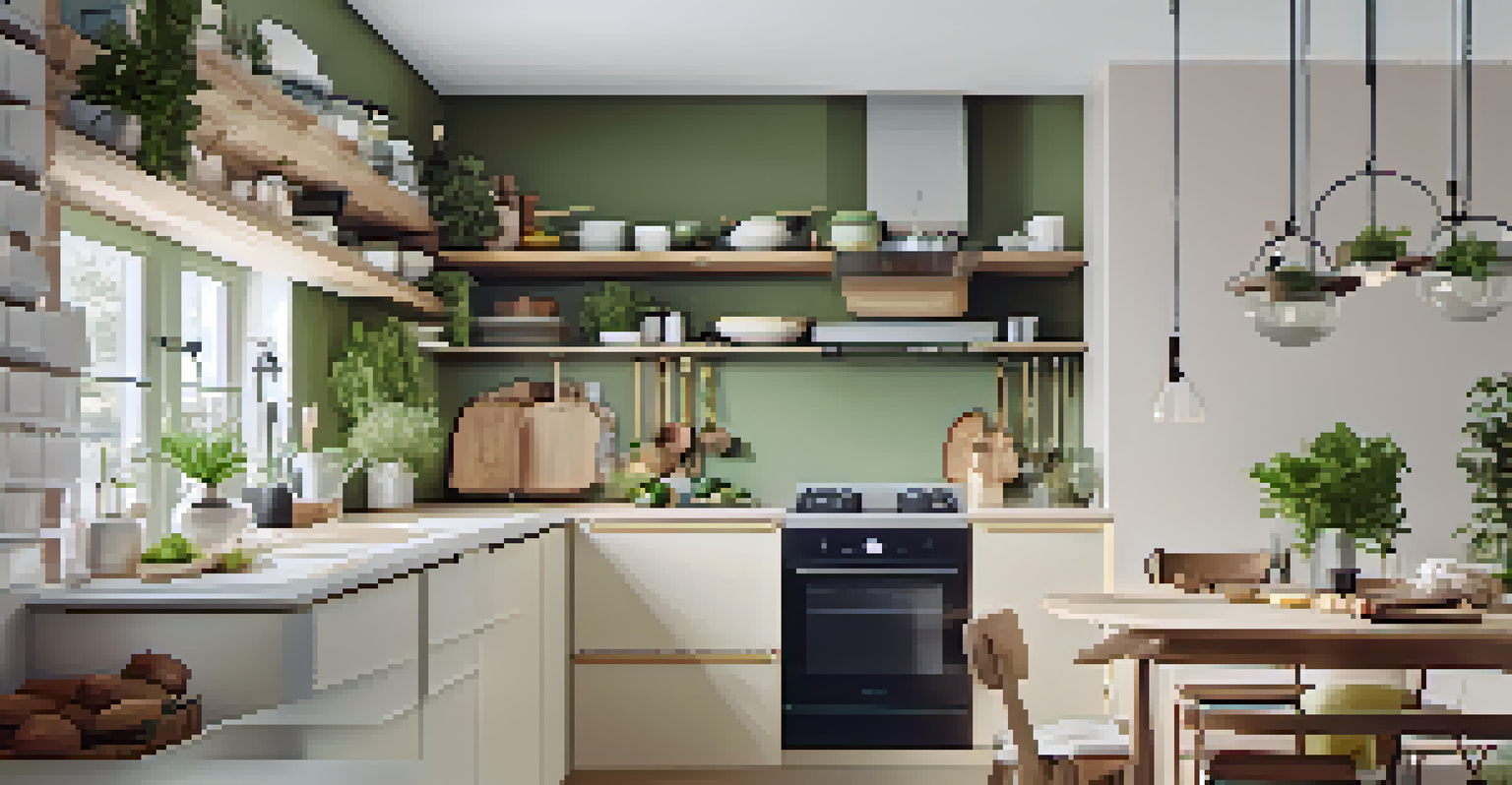 A small kitchen with vertical storage solutions, including floating shelves and a slim wall-mounted cabinet, creating an organized and spacious appearance.