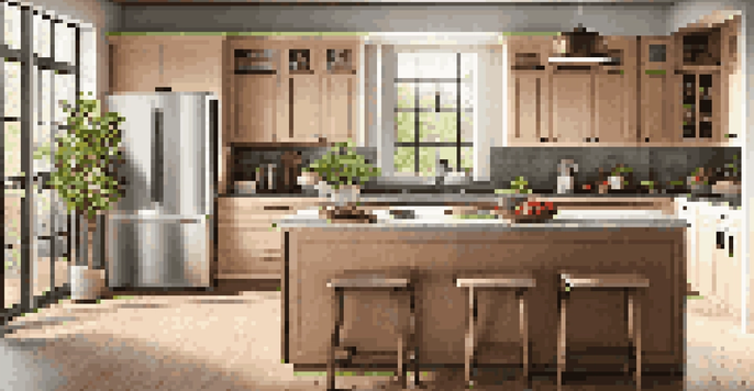 A modern kitchen with natural light, showcasing sleek countertops, stylish cabinetry, and fresh herbs on the countertop.