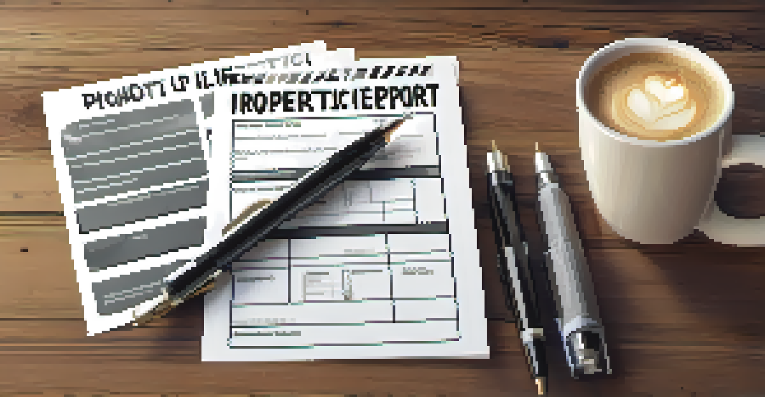 A close-up of a property inspection report with photographs and notes on a wooden table, alongside a pen and a cup of coffee.
