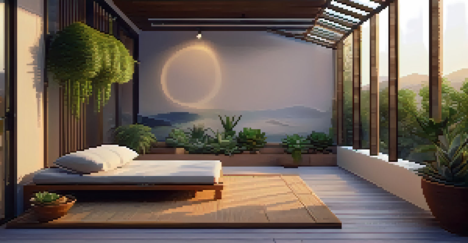 A tranquil outdoor balcony Zen space with cushions, succulents, and soft lighting.