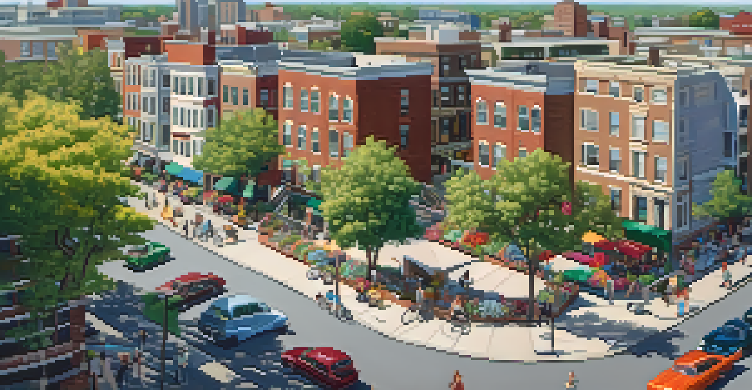 Aerial view of a vibrant urban neighborhood with buildings, busy streets, and a park filled with greenery.