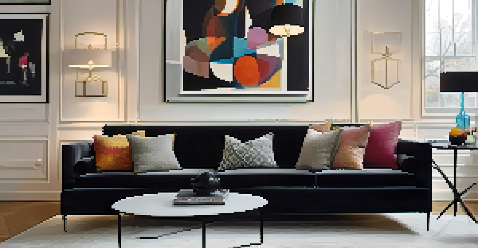 A warm living room featuring a black velvet sofa, a geometric rug, and colorful artworks on the walls.