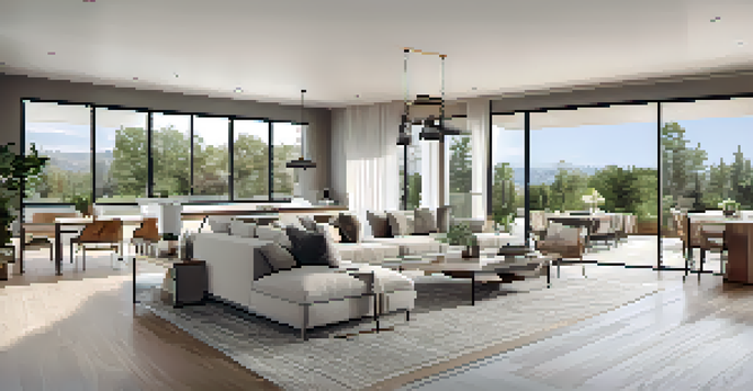 A bright and spacious open floor plan living area with modern decor and integrated smart home devices.