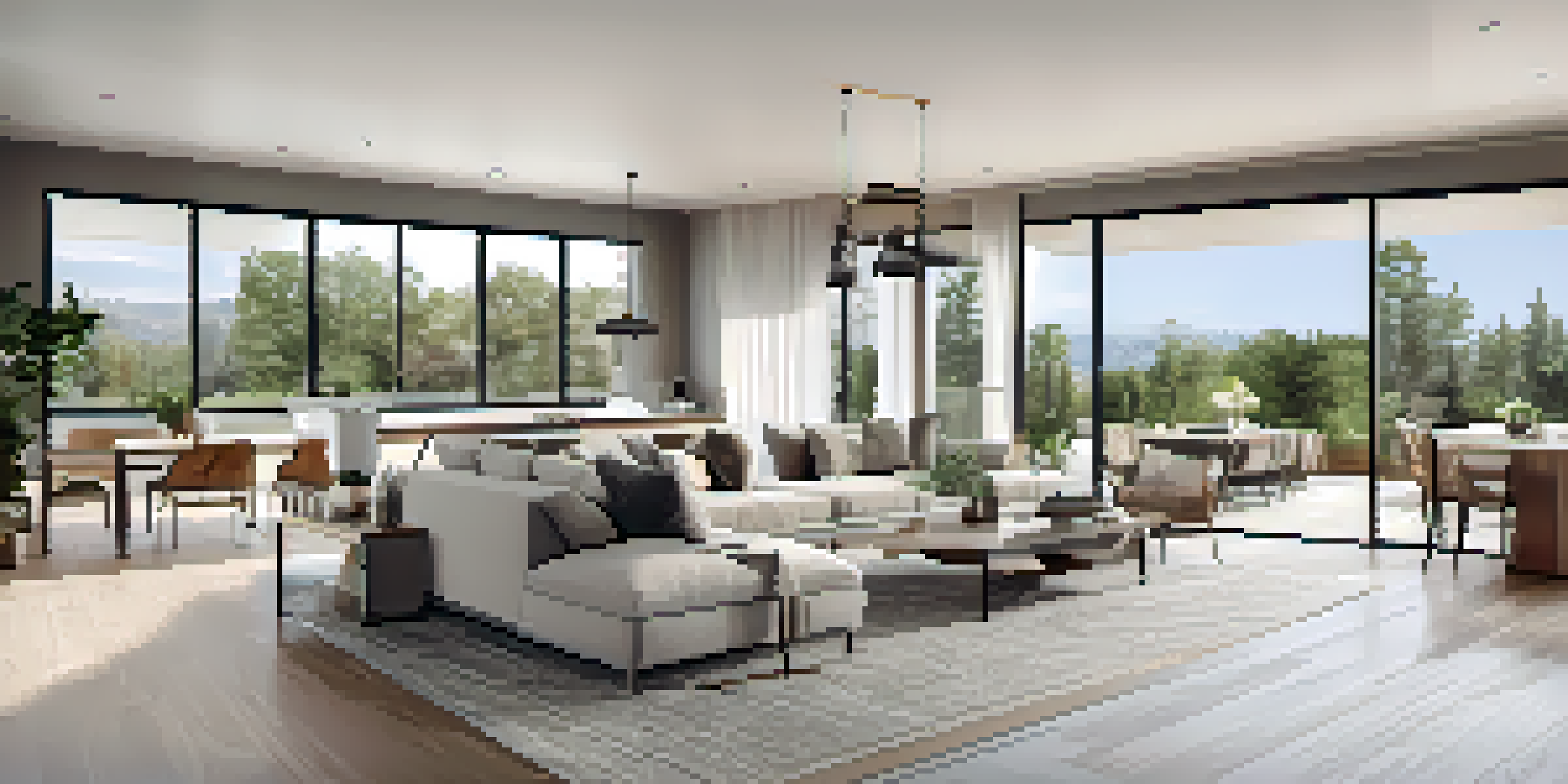 A bright and spacious open floor plan living area with modern decor and integrated smart home devices.