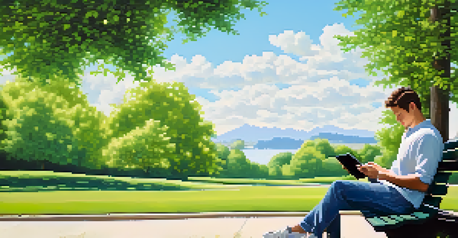 A person on a park bench using a tablet for financial planning, surrounded by trees and blue sky.