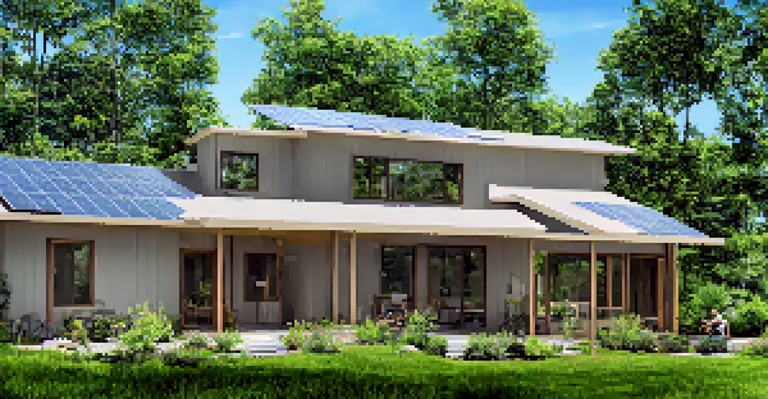 An eco-friendly home surrounded by nature, featuring solar panels and a garden, with soft earthy tones and walking paths leading to a park.