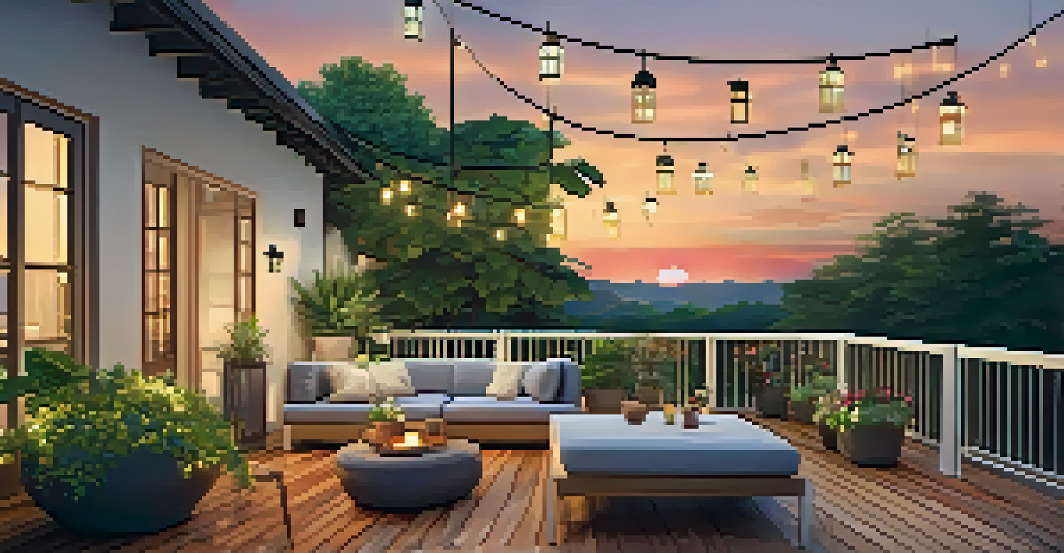 An outdoor patio with lounge chairs and potted plants, illuminated by the warm glow of a sunset.