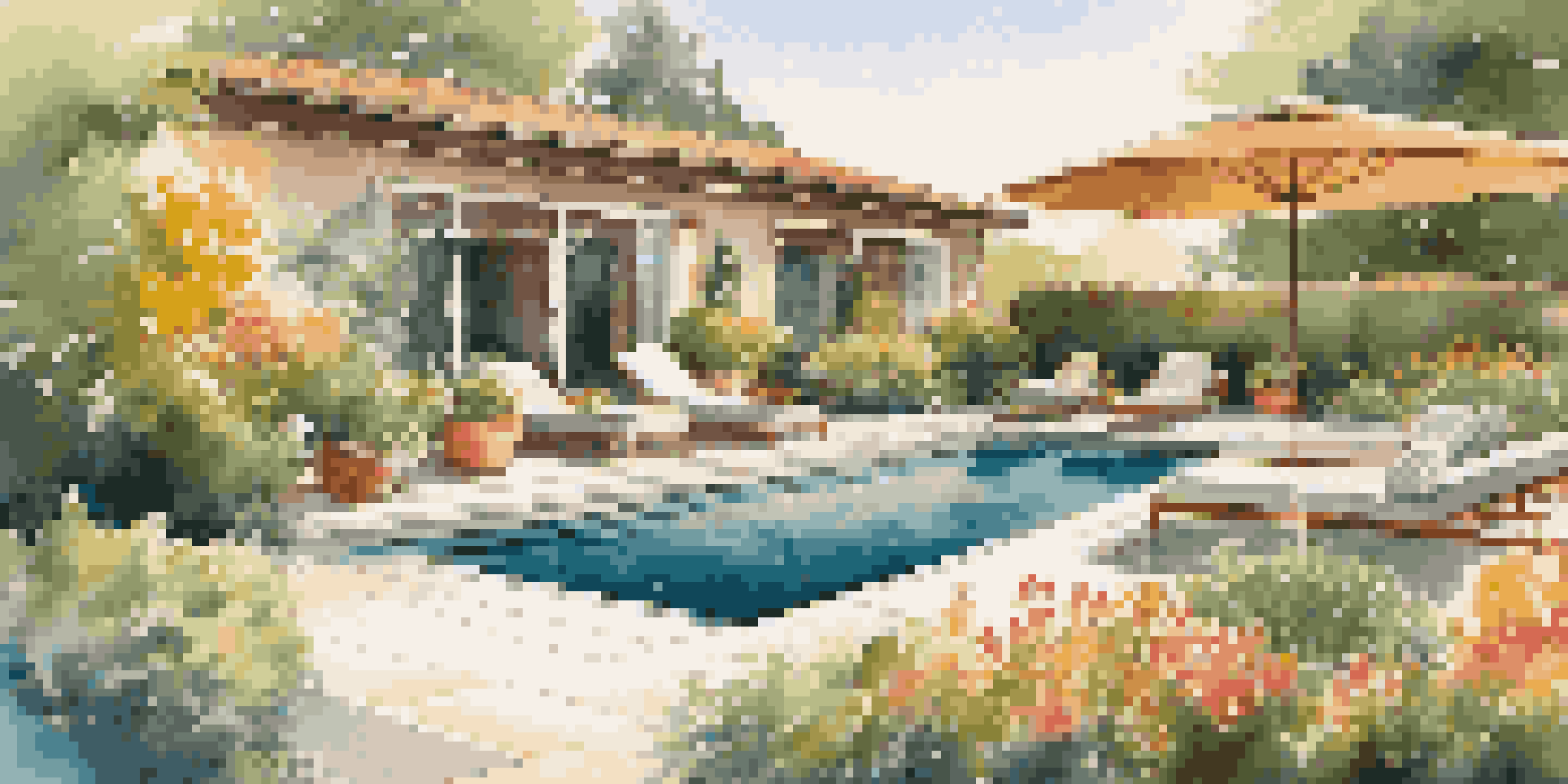 A colorful garden with flowers and greenery, a swimming pool, and an inviting outdoor lounge area illuminated by sunset light.