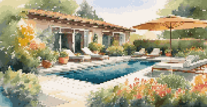 A colorful garden with flowers and greenery, a swimming pool, and an inviting outdoor lounge area illuminated by sunset light.