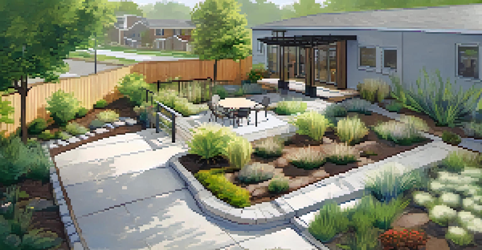 An aerial view of a sustainable landscape with a rain garden, native plants, and permeable pavements under sunny skies.