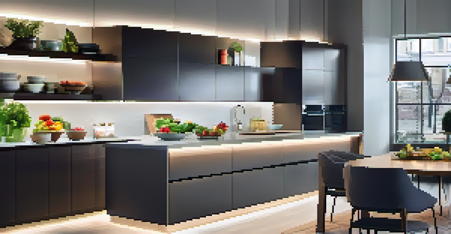 A modern kitchen with under-cabinet LED lighting illuminating a countertop filled with fresh ingredients.