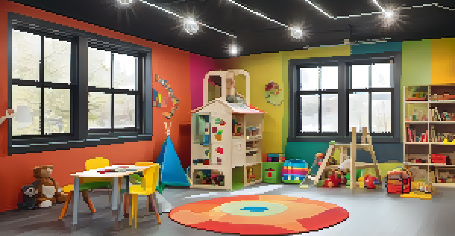 A bright and cheerful basement playroom designed for children, featuring colorful decor and safe play areas.