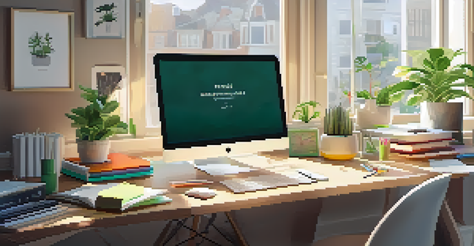 A modern workspace with a laptop on a desk, colorful stationery, and houseplants, illuminated by natural light from a large window.