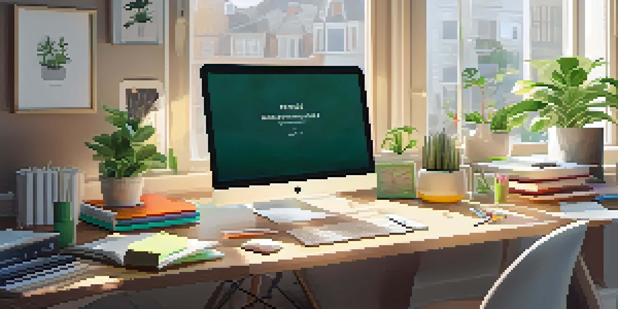 A modern workspace with a laptop on a desk, colorful stationery, and houseplants, illuminated by natural light from a large window.