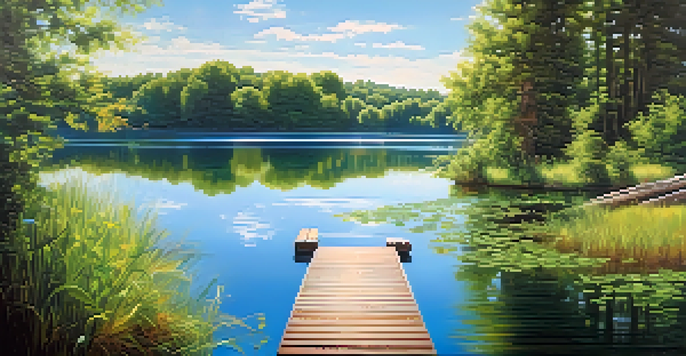A calm lake surrounded by green trees under a clear blue sky, with a small wooden dock extending into the water.