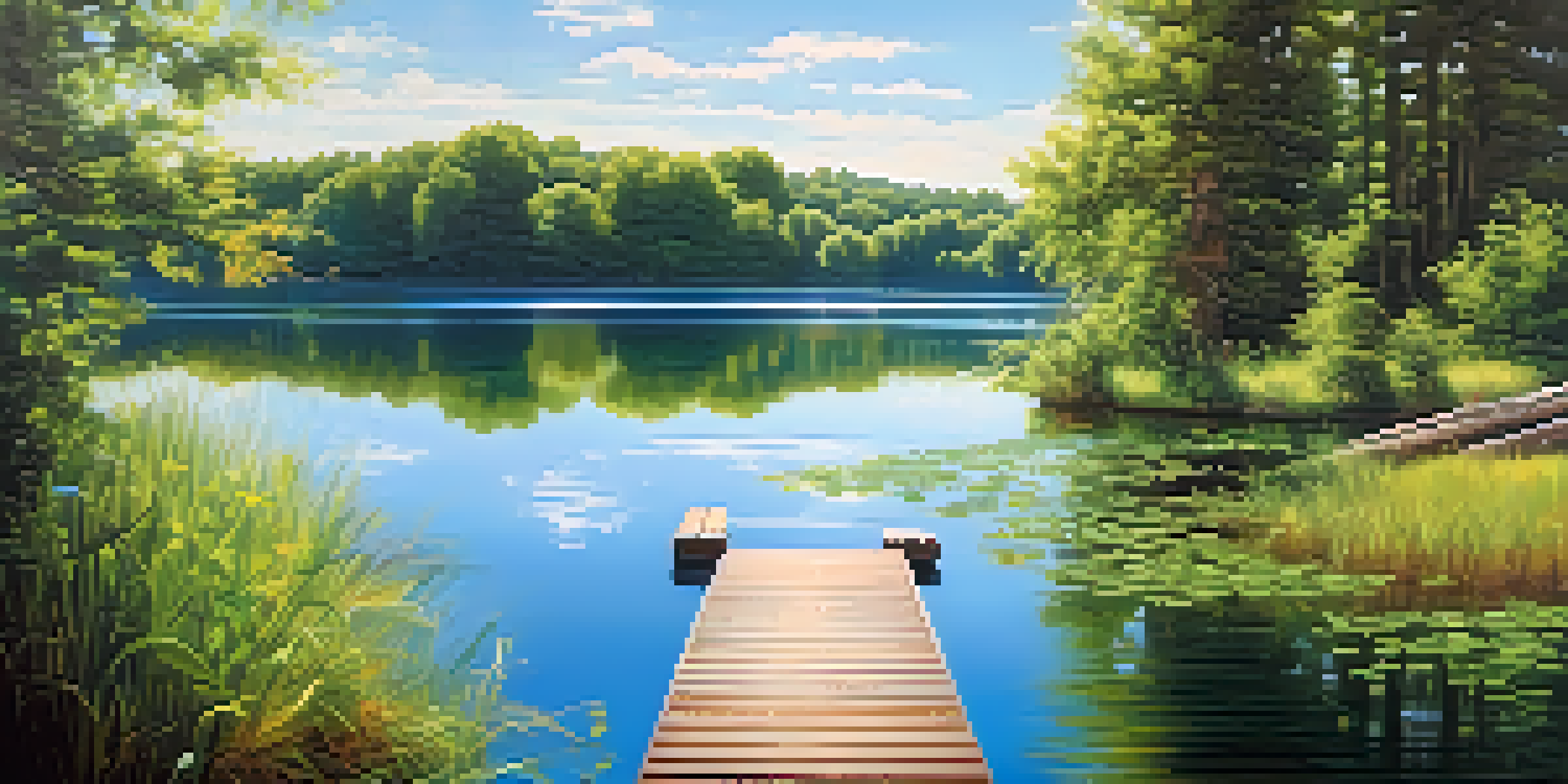 A calm lake surrounded by green trees under a clear blue sky, with a small wooden dock extending into the water.