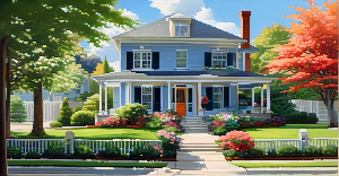 A peaceful suburban home surrounded by a lush garden, under a clear blue sky.