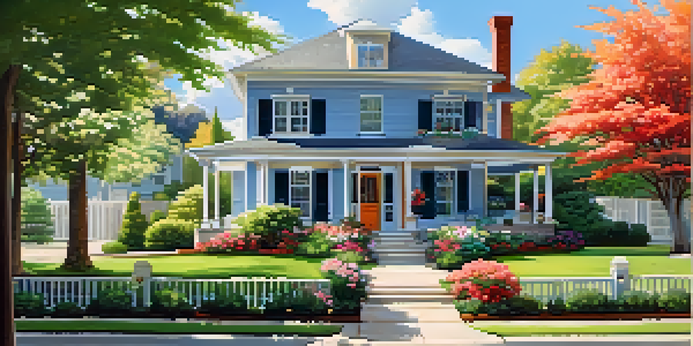 A peaceful suburban home surrounded by a lush garden, under a clear blue sky.