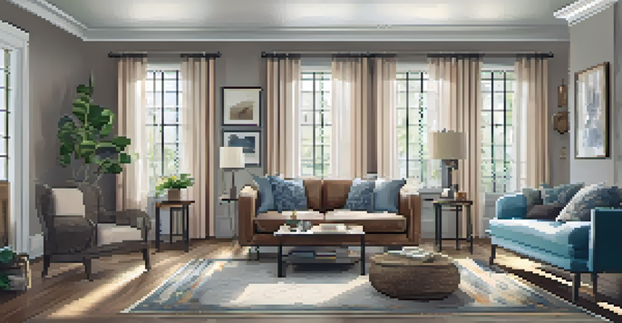 A cozy living room that combines modern and traditional styles with a vintage sofa and contemporary furniture, illuminated by soft natural light.