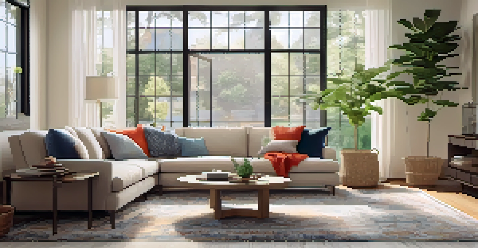 A cozy living room with neutral colors, colorful pillows, and natural light from large windows.