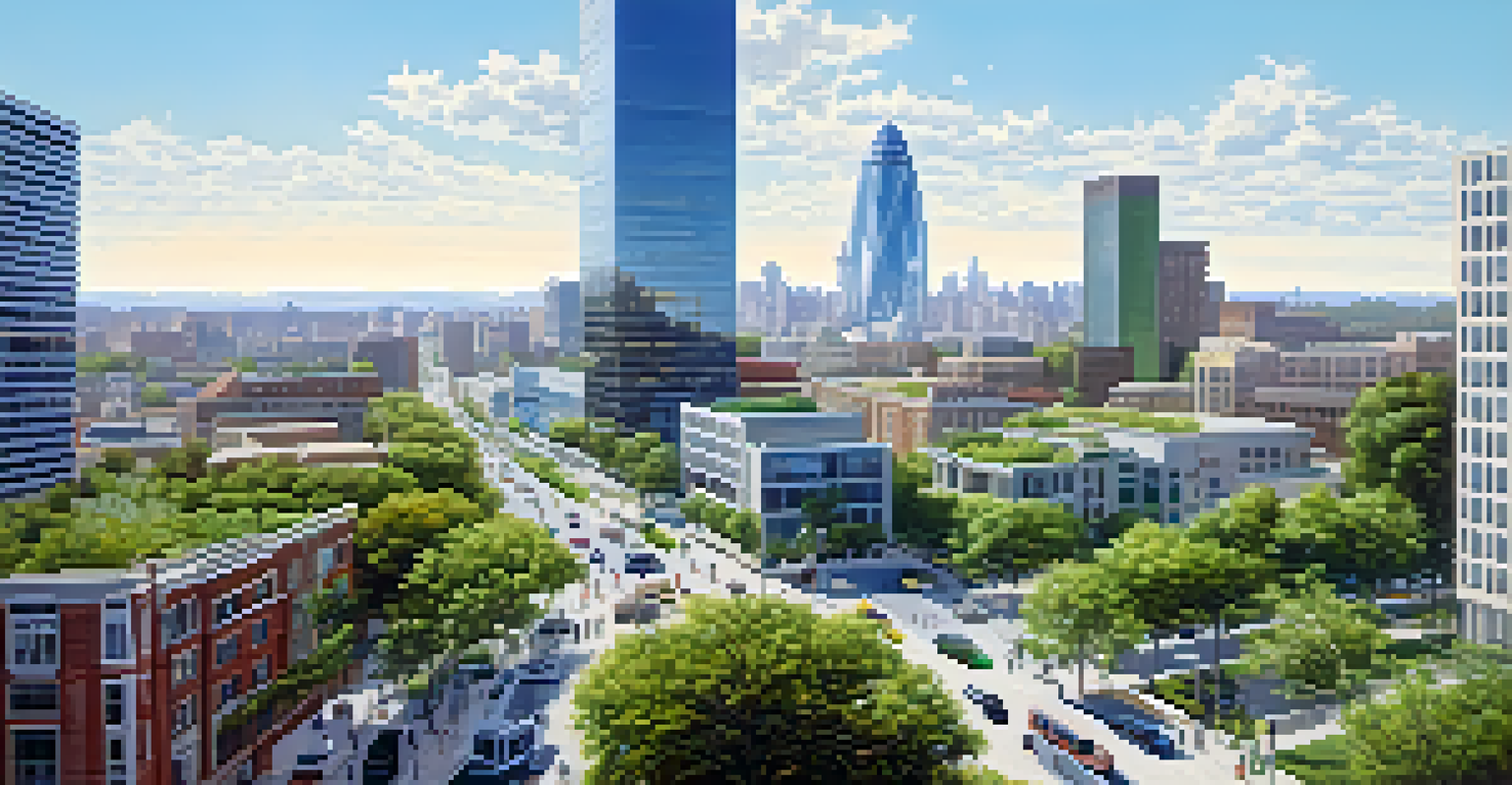 A vibrant aerial view of a busy urban landscape with skyscrapers and green parks.